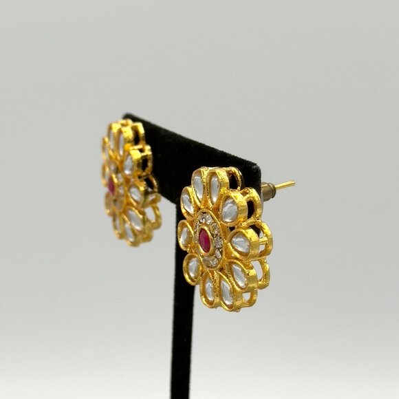 Gold Tone Red Kundan Stud Earrings Chandbali Pakistani Indian Bollywood Jewelry - Picture 5 of 7